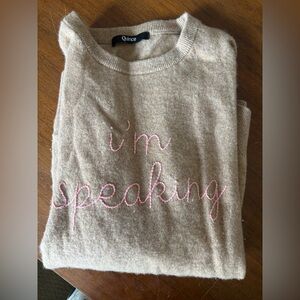 Quince Tan Women's Sweater, embroidered with Kamala Harris quote